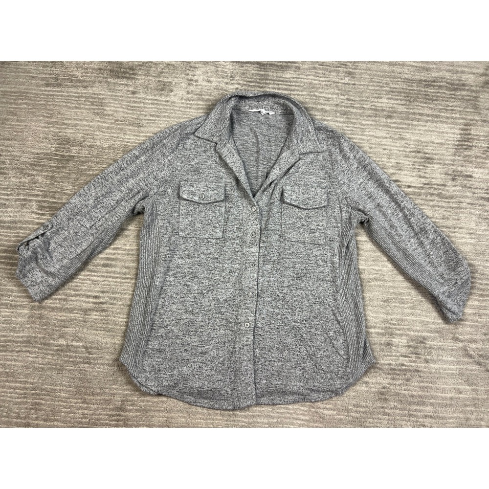 Kiss & Fly Button Down Women XL Grey Heathered Ribbed Side Roll-Tab Knit Shirt